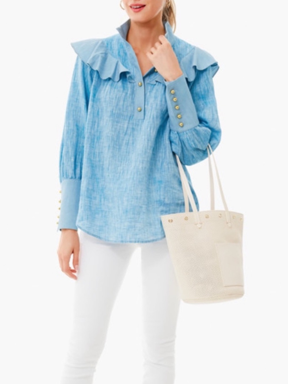 Tuckernuck Mirabella Ruffle Bib Chambray Linen Blouse - Light Blue - Size XS
